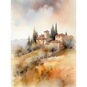 トスカーナの絵画 イタリア 水彩画 アートプリント ニュートラルな風景画