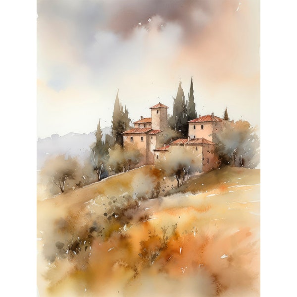 Tuscany Painting Italy Watercolor Art Print Neutral Landscape Artwork