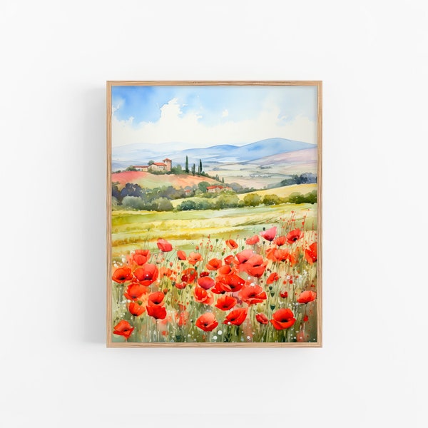 Tuscany Painting Poppie Fields Watercolor Art Print Neutral Landscape Wall Art