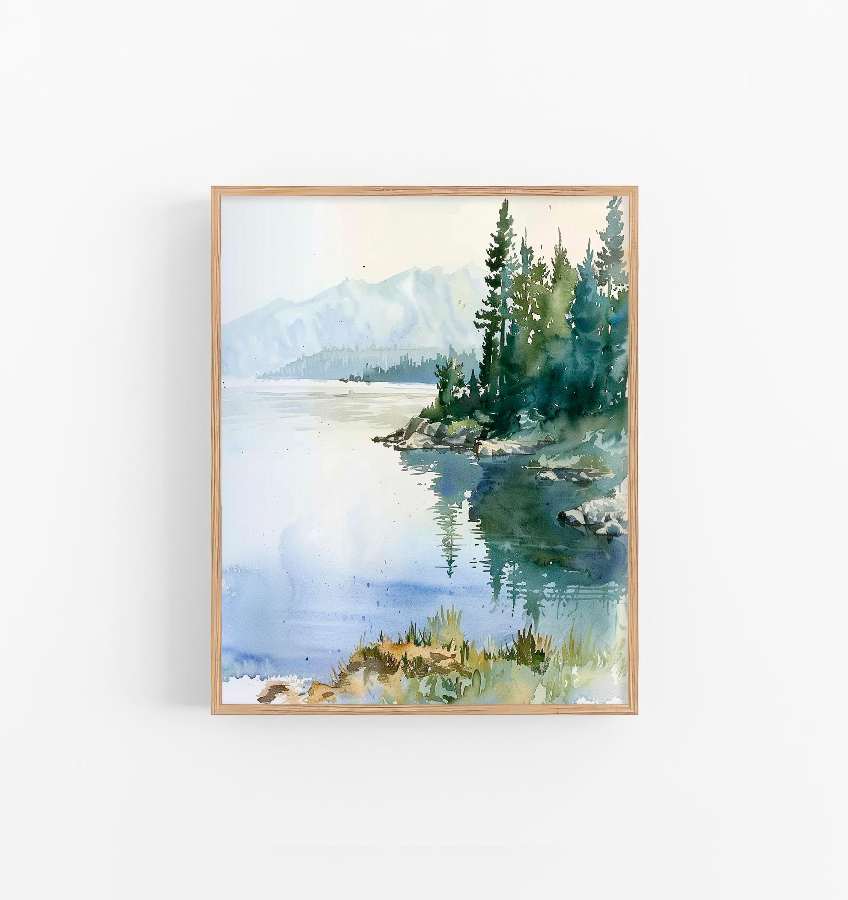 Lake Tahoe Watercolor Artwork Pine Trees Watercolor Painting Tahoe Lake Wall Art Print by FeelingPrints
