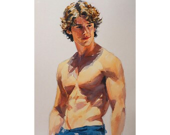 Male Portrait Painting on Paper Watercolor Art Print Figurative Wall Art Modern Masculine Decor