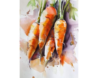 May include: A watercolor painting of three orange carrots with green leafy tops. The carrots are arranged in a bunch and are painted in a realistic style.