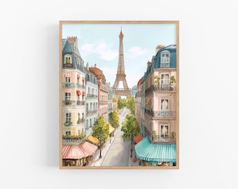 Paris Street View Watercolor Print Eiffel Tower Cityscape Painting French Cafe Wall Art Romantic Paris Decor by FeelingPrints