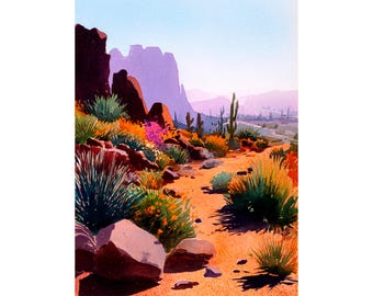 Arizona Desert Painting On Paper Watercolor Print Southwest Landscape Wall Art Saguaro Cactus Decor
