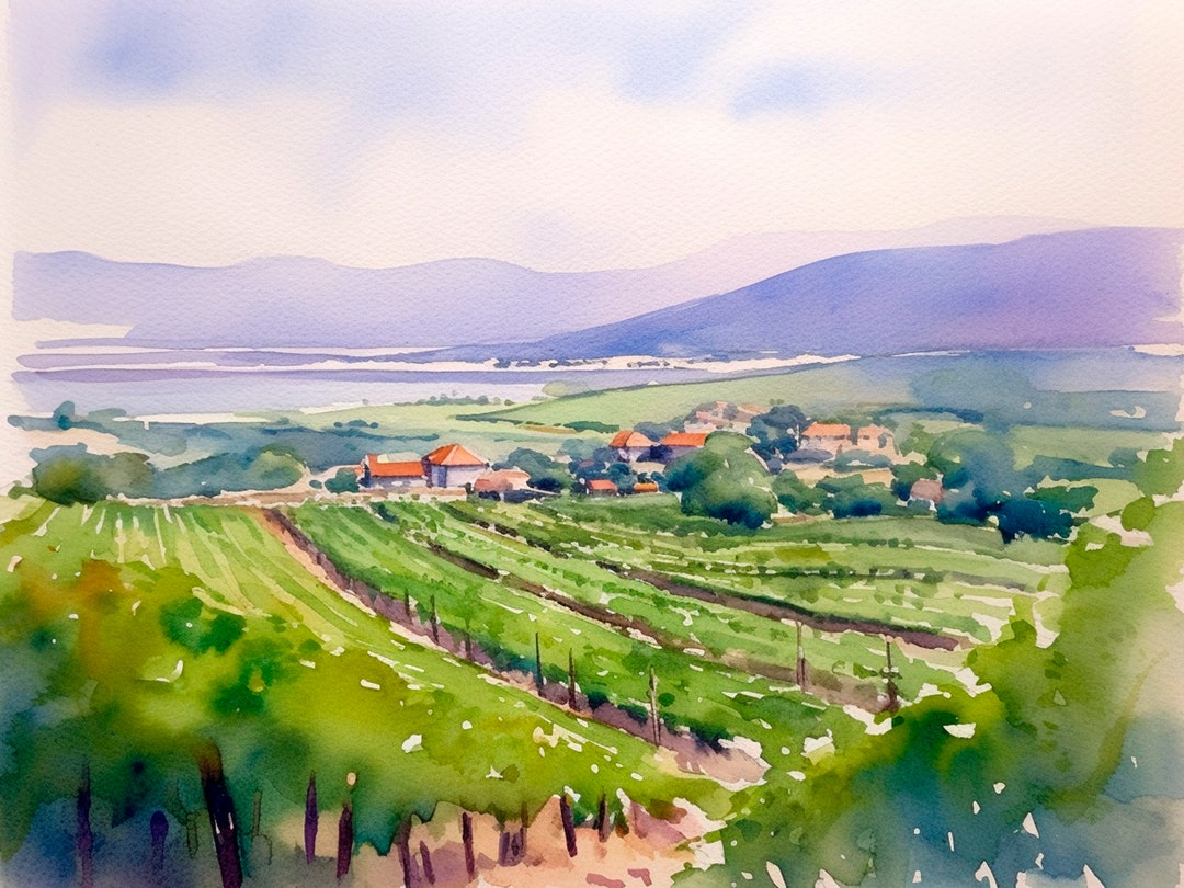 Winery Estates Watercolor Painting Napa Valley Art Print Italy Countryside Artwork Print Wall
