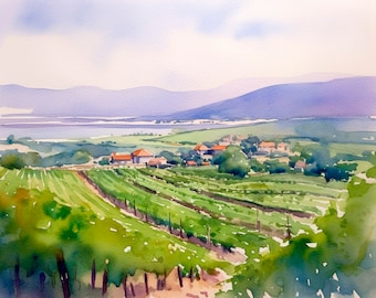 Winery Estates Watercolor Painting Napa Valley Art Print Italy Countryside Artwork Print Wall Art