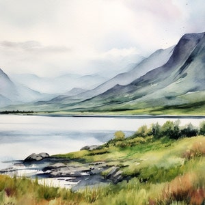 May include: A watercolour painting depicting a tranquil lake nestled amongst mountains. The lake's surface is smooth, reflecting the pale blue sky with wispy clouds. The mountains, a blend of dark blue and green, are adorned with trees. The painting is executed in a realistic style.