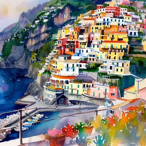 May include: Watercolour painting of a colourful village built on a steep cliffside overlooking a blue ocean. The village is a mix of yellow, orange, red, and pink buildings with white trim. The ocean is a deep blue with a few white boats in the water.