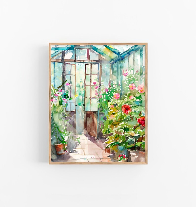 Puede incluir: Pintura acuarela del interior de un invernadero con una puerta de madera y una variedad de plantas y flores en macetas. La luz brilla a trav&eacute;s del techo de vidrio e ilumina el espacio.