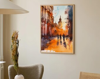 セビリアの街並みの水彩画アートプリント スペインの街並みの水彩画