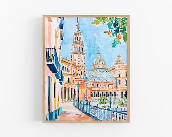 セビリアの絵画 スペイン広場の水彩画 アートプリント スペイン 壁画