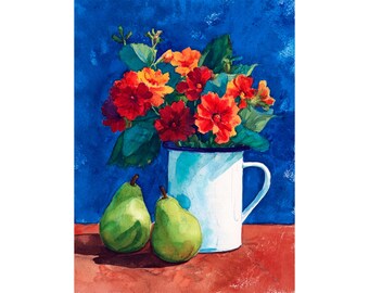 Flowers and Pears Watercolor Painting Art Print on Paper Blue Still Life Wall Art Kitchen Decor Gift by FeelingPrints