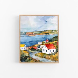 May include: Watercolor painting of a coastal village with white houses and red roofs. The houses are situated on a hillside overlooking a blue ocean. The sky is cloudy and the scene is painted in a realistic style.