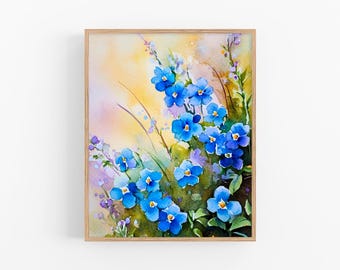 忘れな草の絵画 - 私のオリジナルの水彩画「忘れな草」からのプリント