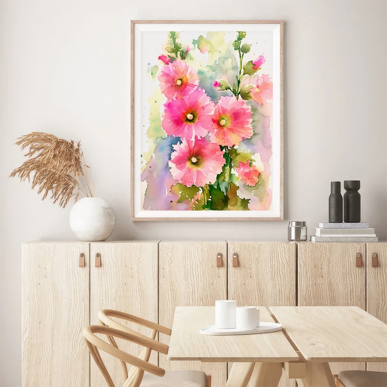 Hollyhock Flowers Watercolor Art Print Blossoms Painting Botanical Wall ...