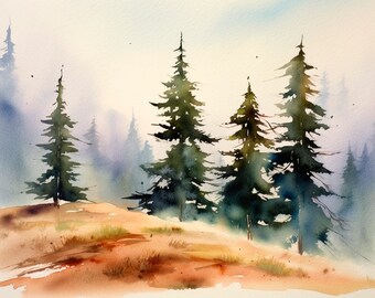 Adirondack Mountains Painting Pine Forest Landscape Art Print Foggy Pine Forest Watercolor Artwork Rustic Wall Art by FeelingPrints
