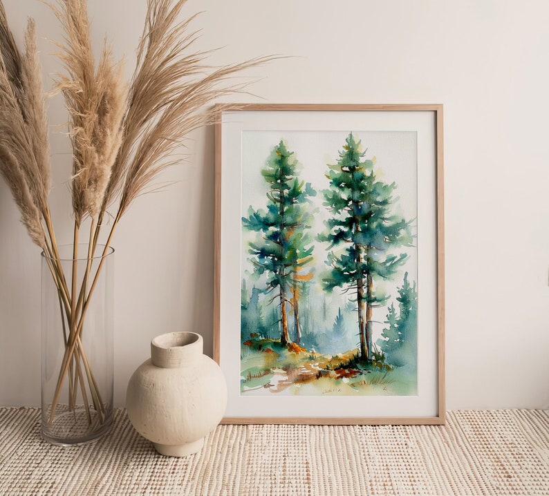 Pine Trees Art Print Colorado Foggy Forest Evergreen Trees Watercolor ...