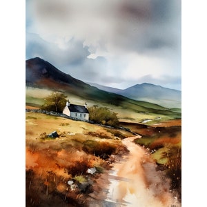 Scotland Countryside Watercolor Painting Scottish Landscape Art Print Neutral Green Gray Wall Art