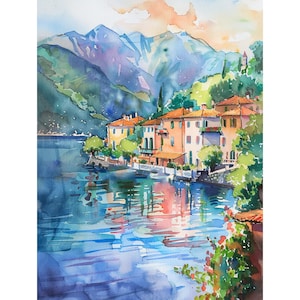 Pintura del lago de Como Paisaje urbano italiano Acuarela Impresión Atr Regalos de viaje de FeelingPrints