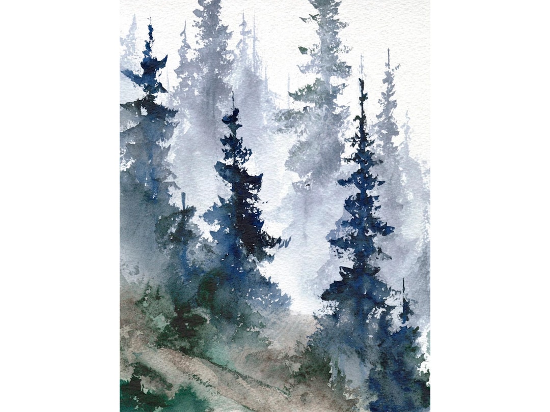Misty Pine Forest Painting on Paper Watercolor Art Print Moody Woodland ...