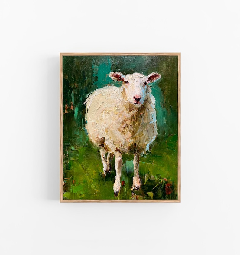 Sheep Oil Painting Animal Wall Art Farmhouse Decor Rustic Artwork Green ...