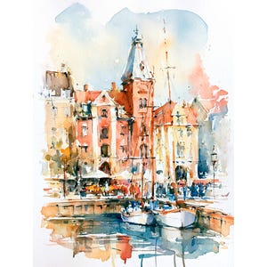 May include: Watercolor painting of a European harbor scene. Buildings with red tile roofs and a tall tower are reflected in the water. Two sailboats are docked in the foreground. The sky is a mix of blue and peach.