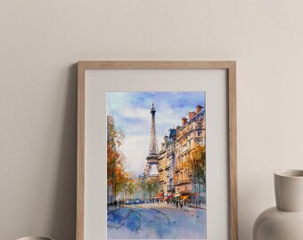パリの水彩画プリント エッフェル塔の絵画 フランスの街並み ウォール