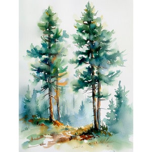 Pine Trees Art Print Colorado Foggy Forest Evergreen Trees Watercolor ...