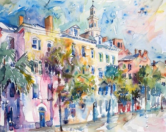Charleston Cityscape Watercolor Painting South Carolina Art Print Palm Tree Wall Art Home Decor Gifts by FeelingPrints
