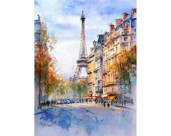 パリの水彩画プリント エッフェル塔の絵画 フランスの街並み ウォール