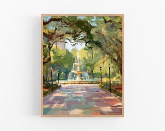 Savannah Fountain Painting Forsyth Park Wall Art Impressionist Cityscape Print Southern Garden Decor Tree Lined Path Art by FeelingPrints