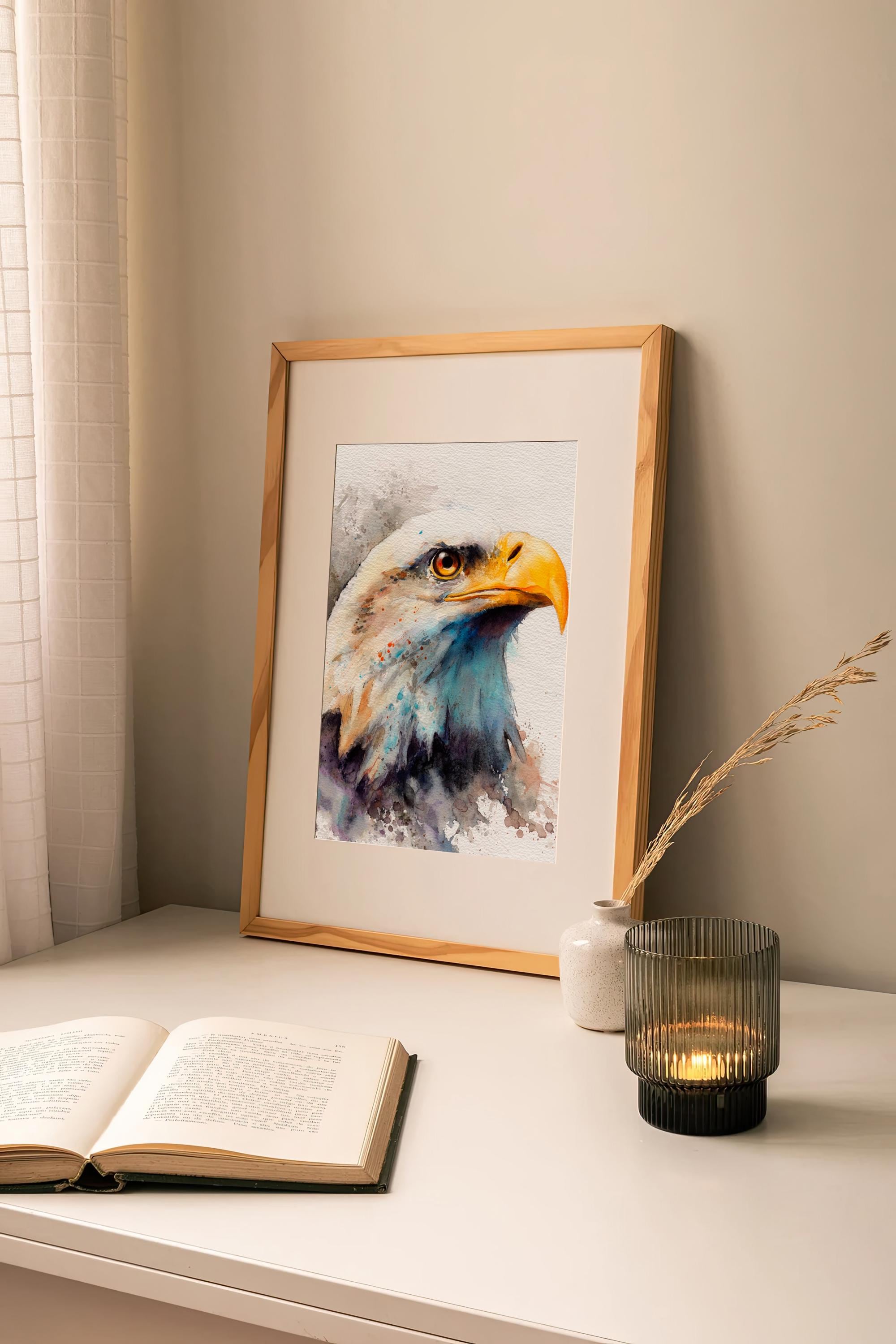 白頭ワシの水彩画プリント 雄大な鳥のアート 愛国的な野生動物の絵画