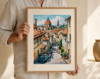 Florence Watercolor Print Italy Wall Art Tuscan Street Painting Florence Cathedral Art Italian Travel Decor
