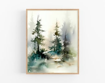 Alberi sempreverdi, stampa artistica ad acquerello, foresta nebbiosa, dipinto su tela, verde neutro, grigio, decorazione da parete, paesaggio del Montana, di FeelingPrints