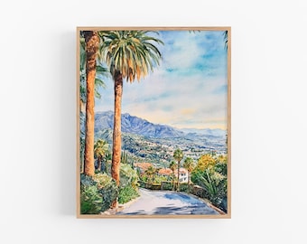 Pintura de acuarela de Santa Bárbara, paisaje urbano de California, impresión artística de acuarela, arte mural de viaje de FeelingPrints