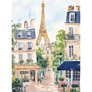May include: A watercolour painting depicting a Parisian street scene with the Eiffel Tower in the background. The street is lined with buildings, some with balconies and flowers. There are trees and a cobbled path.