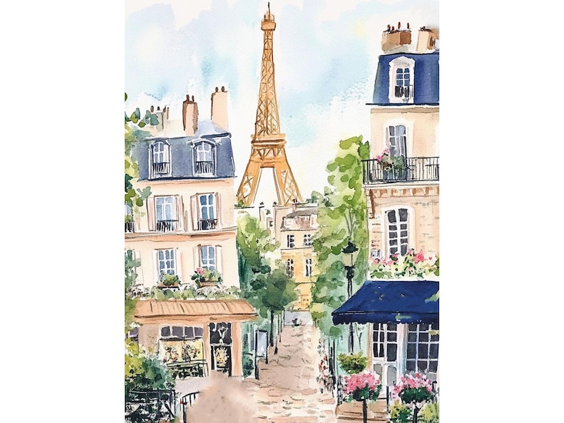 May include: A watercolour painting depicting a Parisian street scene with the Eiffel Tower in the background. The street is lined with buildings, some with balconies and flowers. There are trees and a cobbled path.