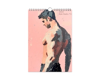 May include: A 2026 calendar featuring an oil painting of a man's torso and back, set against a pink background. The artwork uses a palette of skin tones, gray, and black. The calendar is spiral-bound at the top.