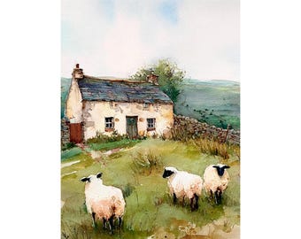 May include: Watercolor painting of a quaint cottage with a stone wall and three sheep grazing in a green field. The cottage has a dark gray roof and a red door. The sky is a light blue.