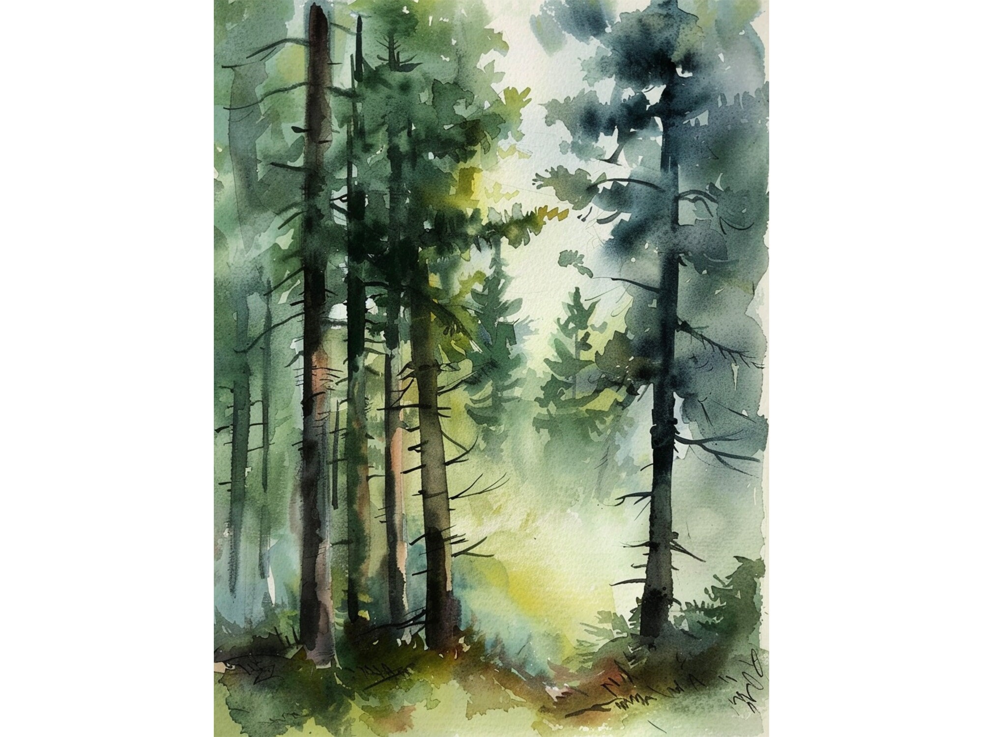 ロッキー山脈国立森林公園の絵画 霧深い松林 水彩画 アートプリント 霧