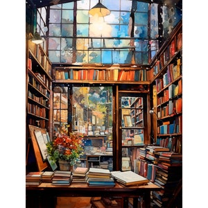 Bookstore Watercolor Painting New York City Library Art Print Books Wall Art