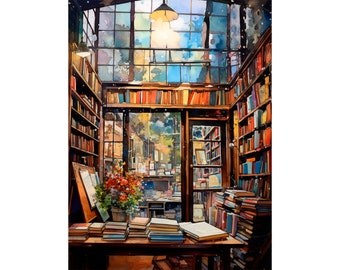 Bookstore Watercolor Painting New York City Library Art Print Books Wall Art