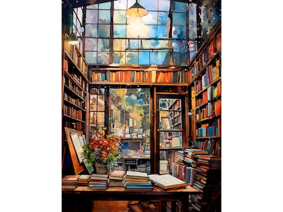Bookstore Watercolor Painting New York City Library Art Print Books Wall Art