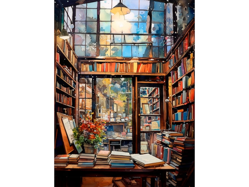 May include: A watercolour painting depicting the interior of a bookshop, featuring bookshelves packed with books. The shelves are crafted from wood and have a dark brown finish. The books are arranged in rows, showcasing a variety of colours and sizes. A window at the back of the bookshop allows natural light to flood in, adorned with a white curtain. There are some plants positioned at the front of the bookshop. The painting is executed in a realistic style, conveying a warm and welcoming atmosphere.