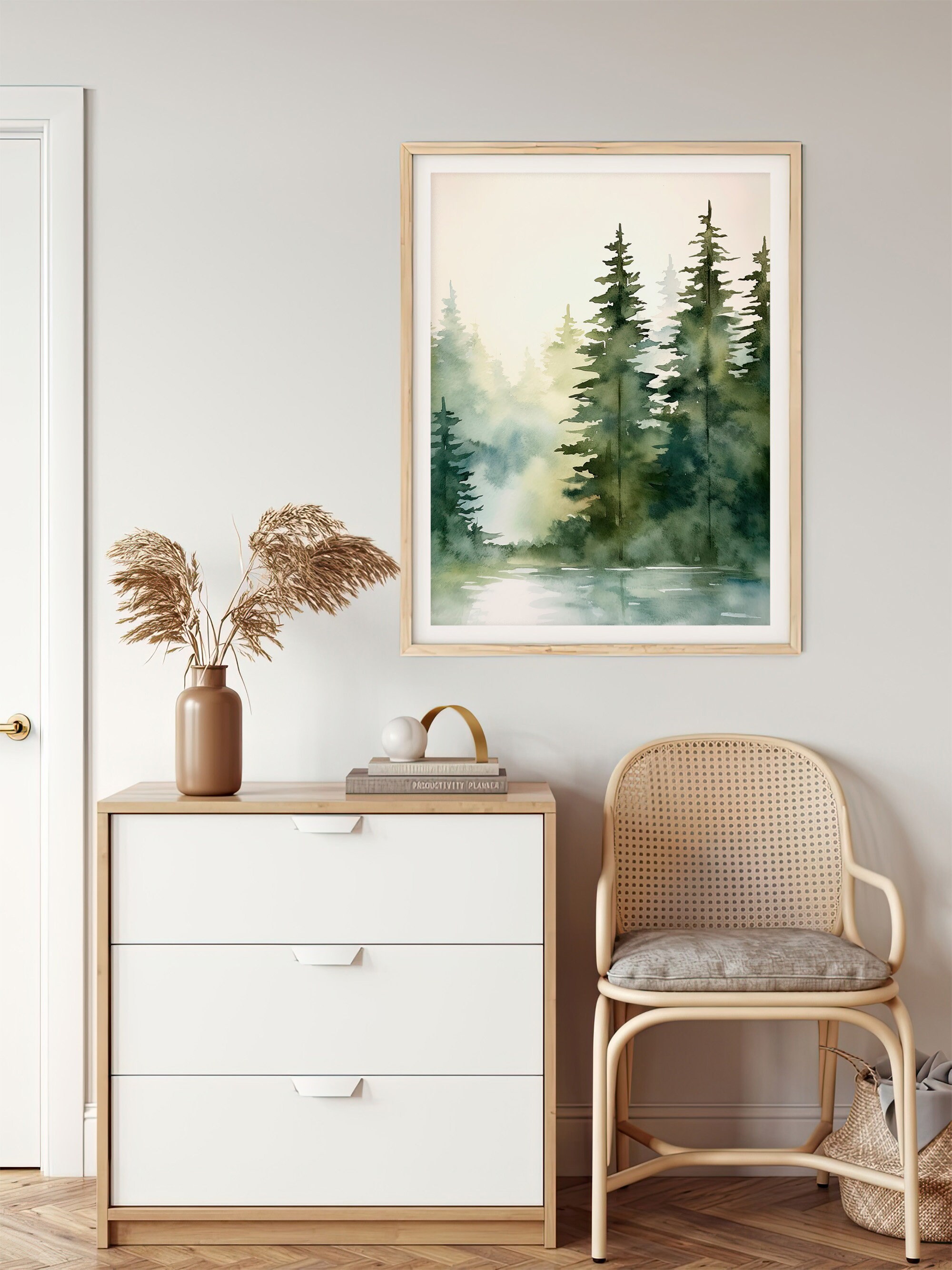 Tahoe Lake Art Print Pine Trees Painting Foggy Lake Watercolor Artwork ...