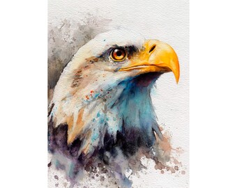 白頭ワシの水彩画プリント 雄大な鳥のアート 愛国的な野生動物の絵画