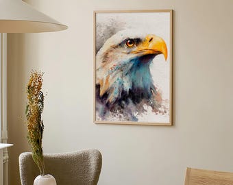 白頭ワシの水彩画プリント 雄大な鳥のアート 愛国的な野生動物の絵画