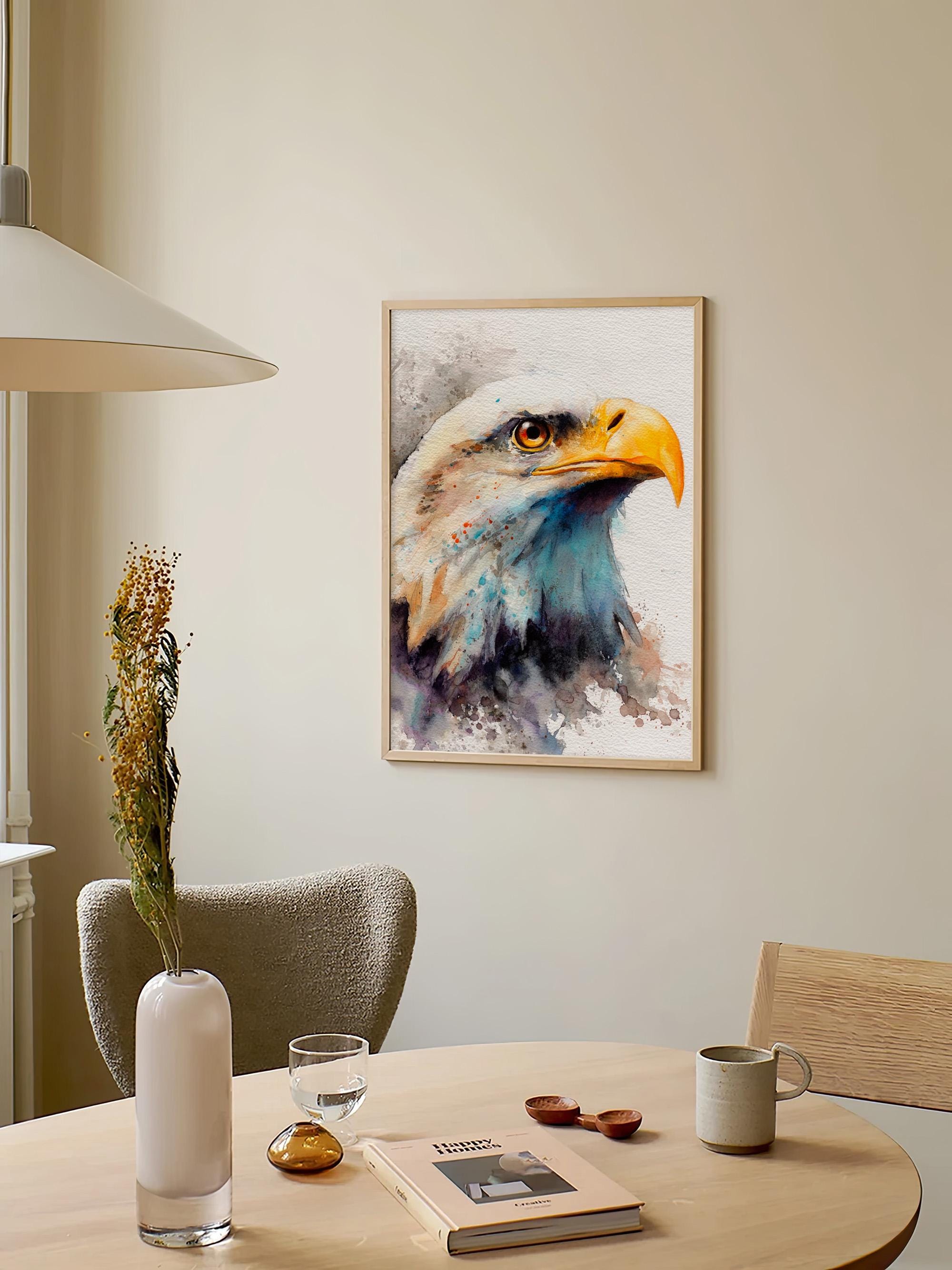 白頭ワシの水彩画プリント 雄大な鳥のアート 愛国的な野生動物の絵画