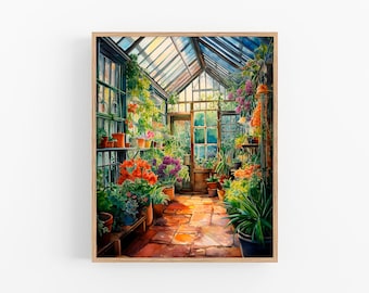 Greenhouse Watercolor Art Print Botanical Watercolor Painting Flowers Wall Art