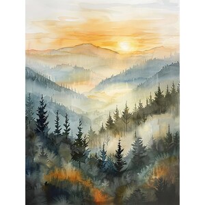 Smoky Mountains Watercolor Art Print Foggy Forest Mountains Painting Pine Forest Wall Art Travel Gifts by FeelingPrints